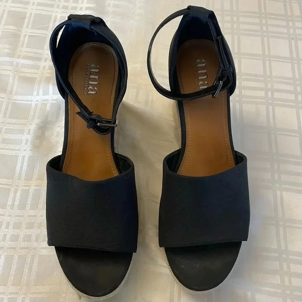 A.N.A. Black Wedge Espadrille Open‎ Toe Sandals